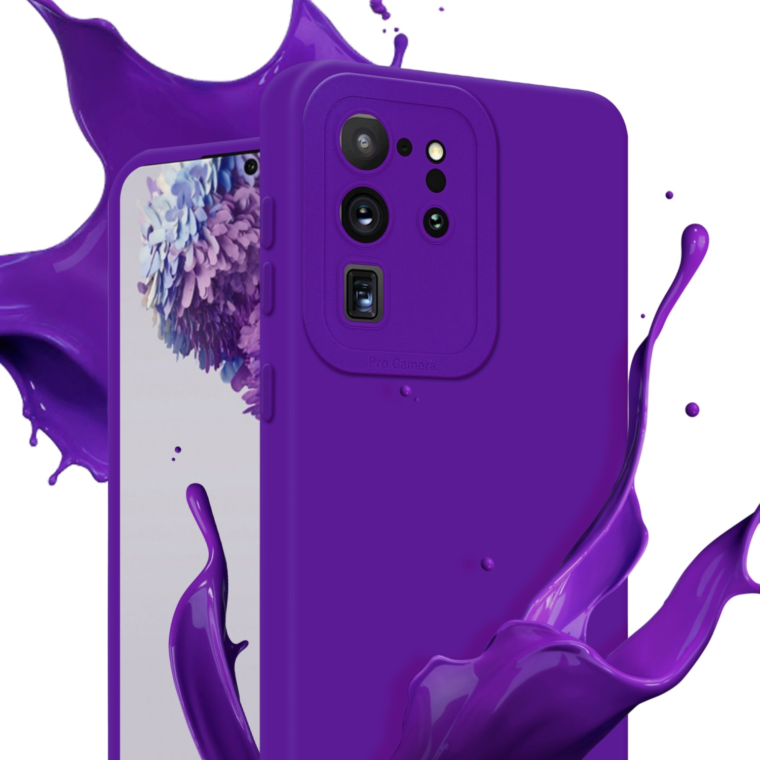 Custodia per telefono viola con un telefono, con schizzi di vernice viola. Il telefono ha delle fotocamere.