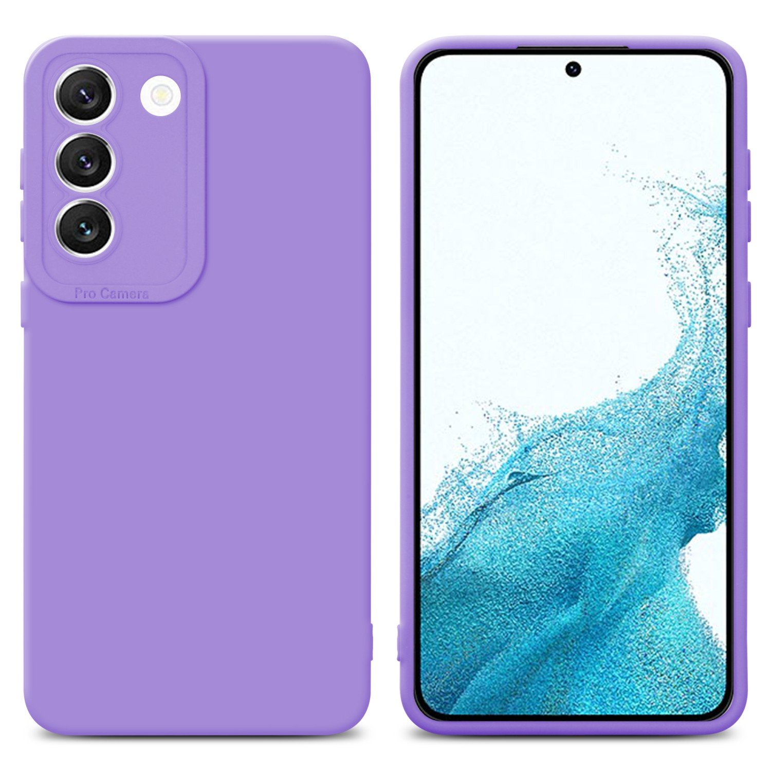 Lila Handyhülle mit Kameraausschnitt, neben einem Telefon, das den Bildschirm zeigt.