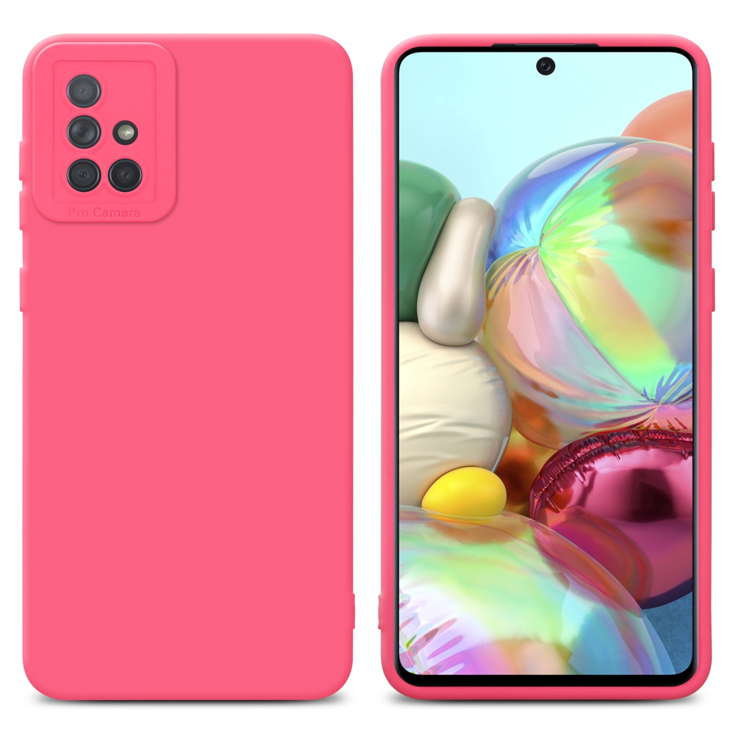 Custodia e telefono rosa, uno accanto all'altro. Sfondo colorato visibile sullo schermo del telefono.