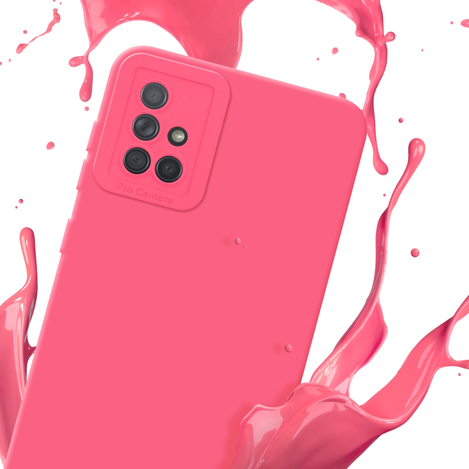 Custodia per telefono rosa con obiettivo della fotocamera, spruzzi di vernice rosa su sfondo bianco.