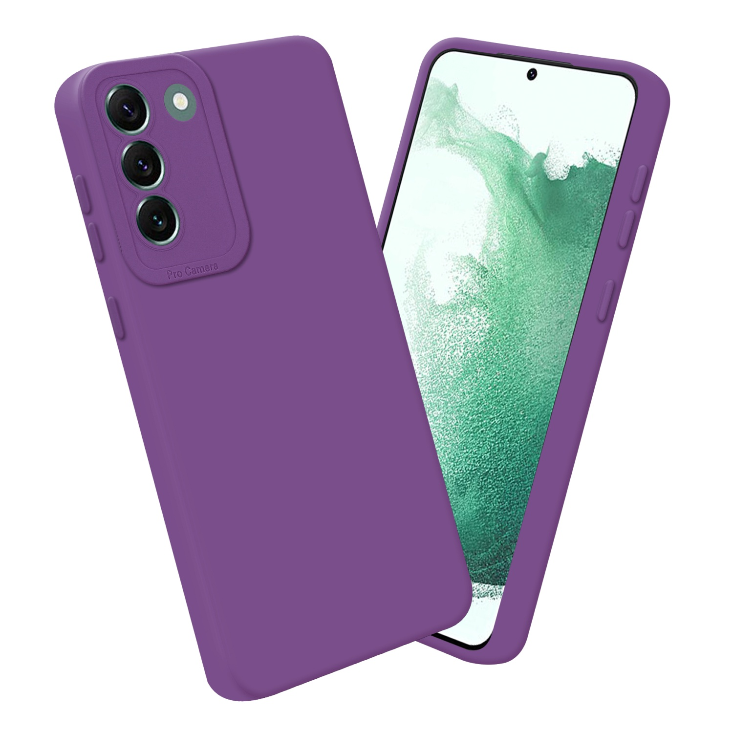 Custodia e telefono viola. Lo schermo del telefono è acceso. Modulo fotocamera visibile.  Uno accanto all'altro.