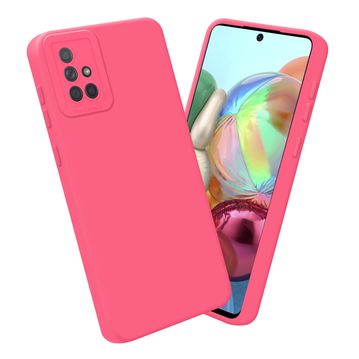 Una custodia rosa e un telefono con display colorato su sfondo bianco.