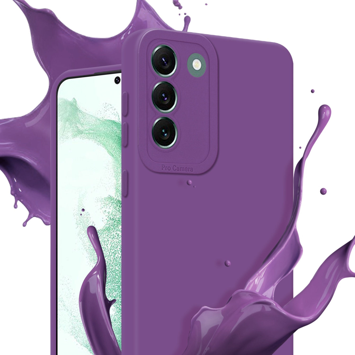 Custodia viola con effetto splash. La custodia ha tre fotocamere. Lo sfondo è bianco con viola.