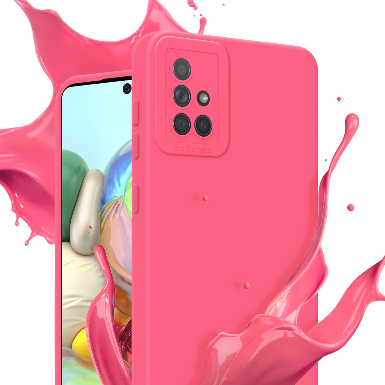 Custodia rosa per telefono con fori per fotocamera, con schizzi di vernice rosa.