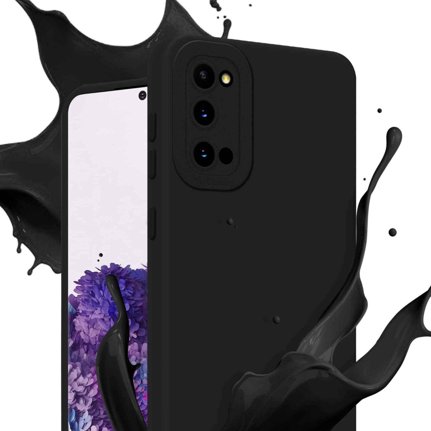 Schwarze Handyhülle mit Spritzern schwarzer Flüssigkeit um das Telefon.