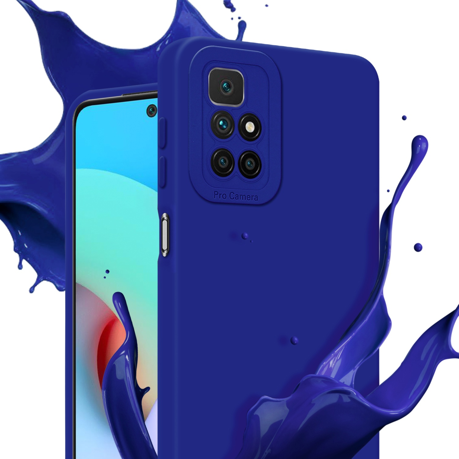 Custodia blu con effetto splash, telefono visibile. Lo sfondo è bianco.