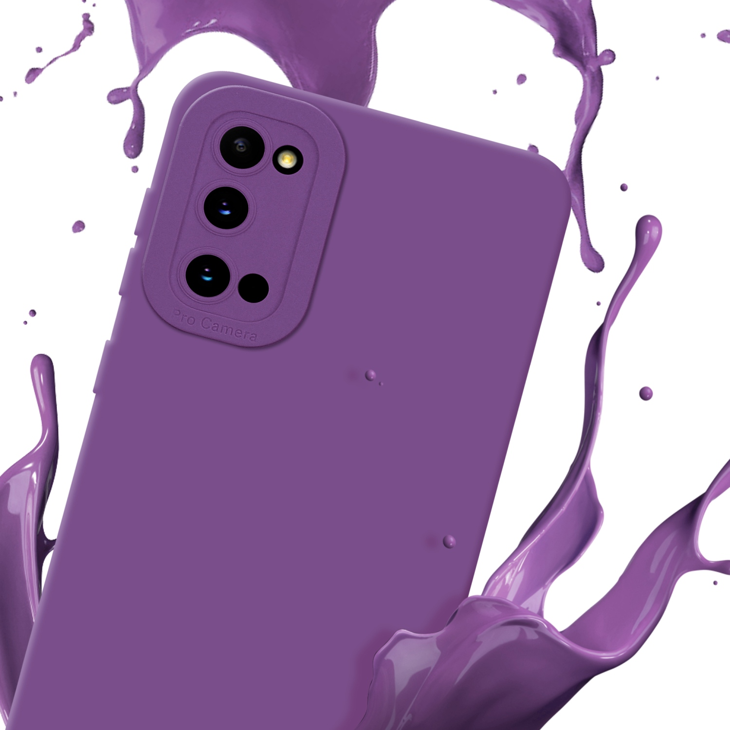 Une coque de téléphone violette avec des éclaboussures de peinture violette. Triple caméra.