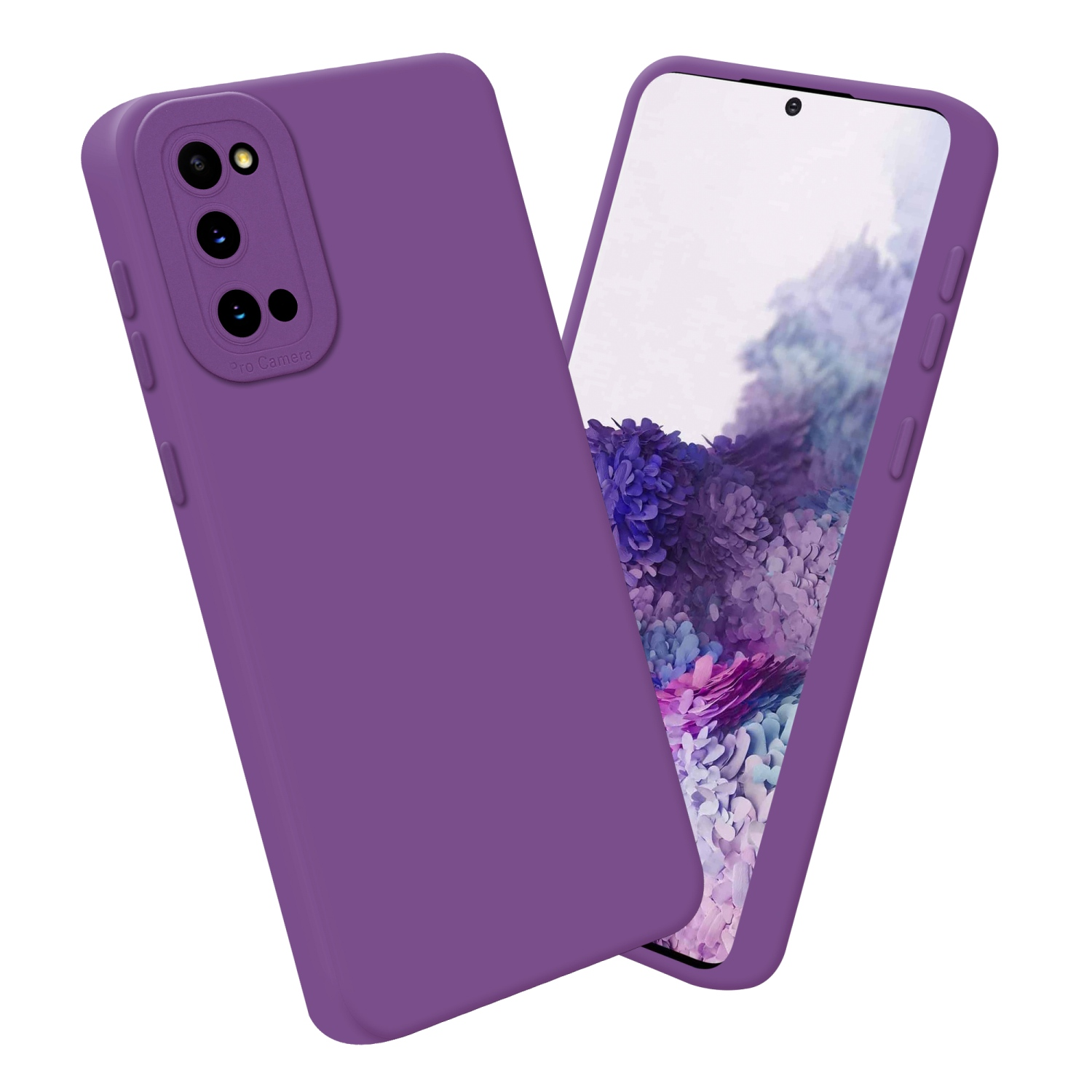 Deux coques de téléphone violettes, une ouverte avec un téléphone à l'intérieur. Fond blanc.