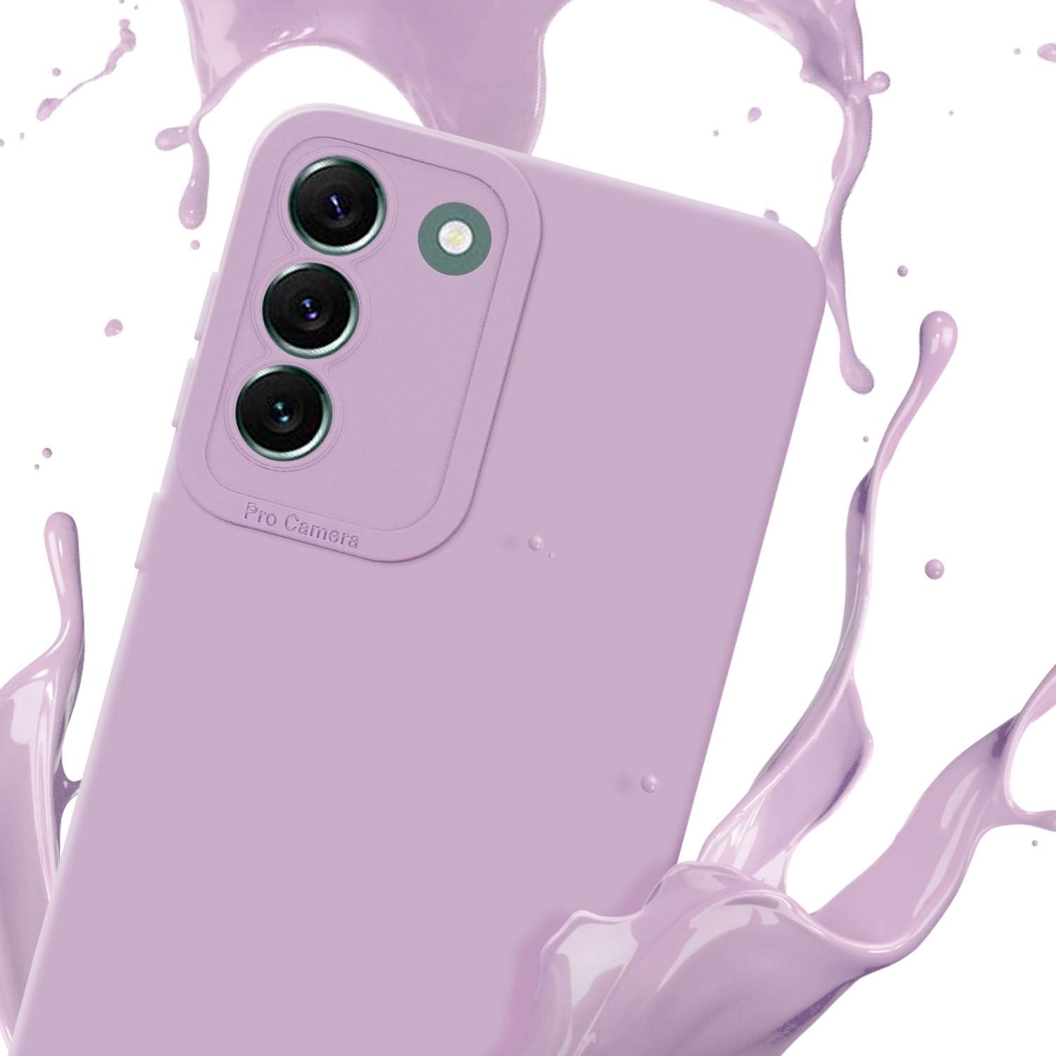 Una custodia per telefono lilla chiaro con dosso per fotocamera, con schizzi di liquido viola. Sfondo bianco.