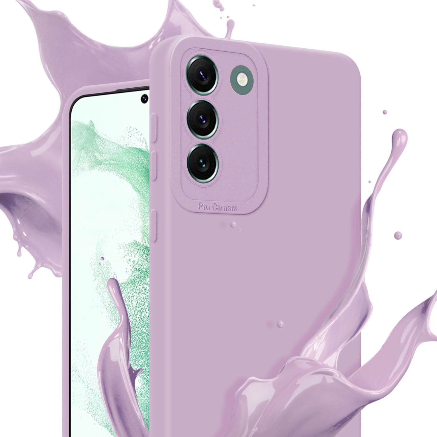 Custodia per telefono lilla con effetto splash. Telefono visibile. Tre fotocamere. Sfondo bianco.