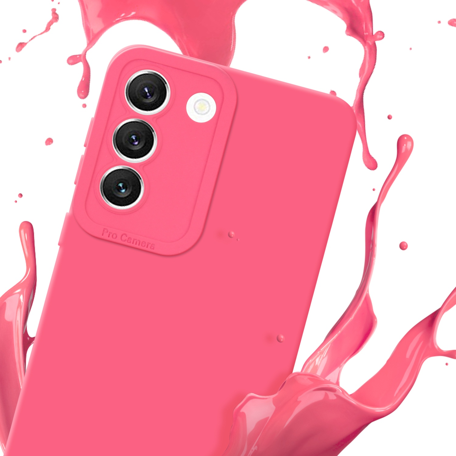 Custodia rosa con telefono e fotocamera visibile. Sfondo con spruzzi rosa.