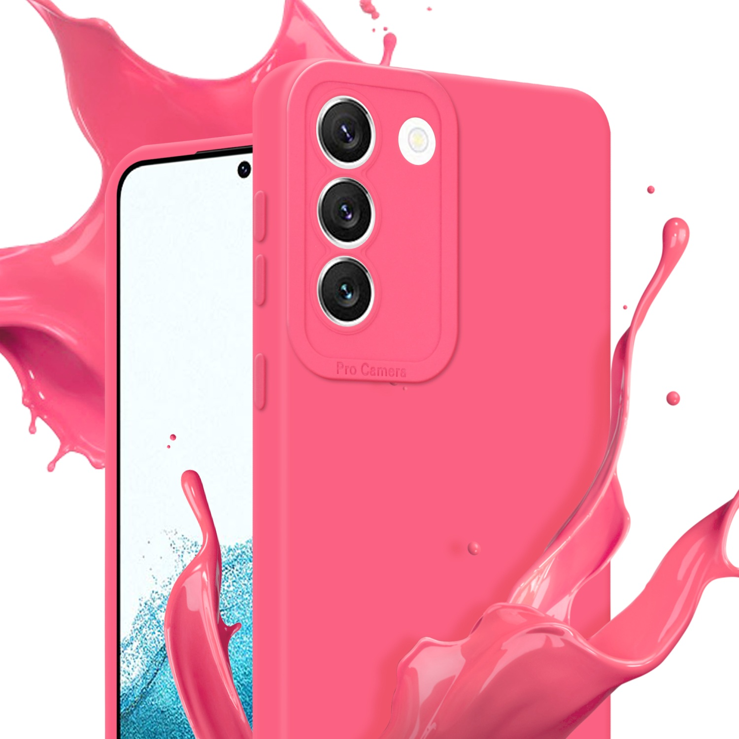 Custodia rosa con schizzi di vernice, che mostra i ritagli della fotocamera, evidenziando design e protezione.
