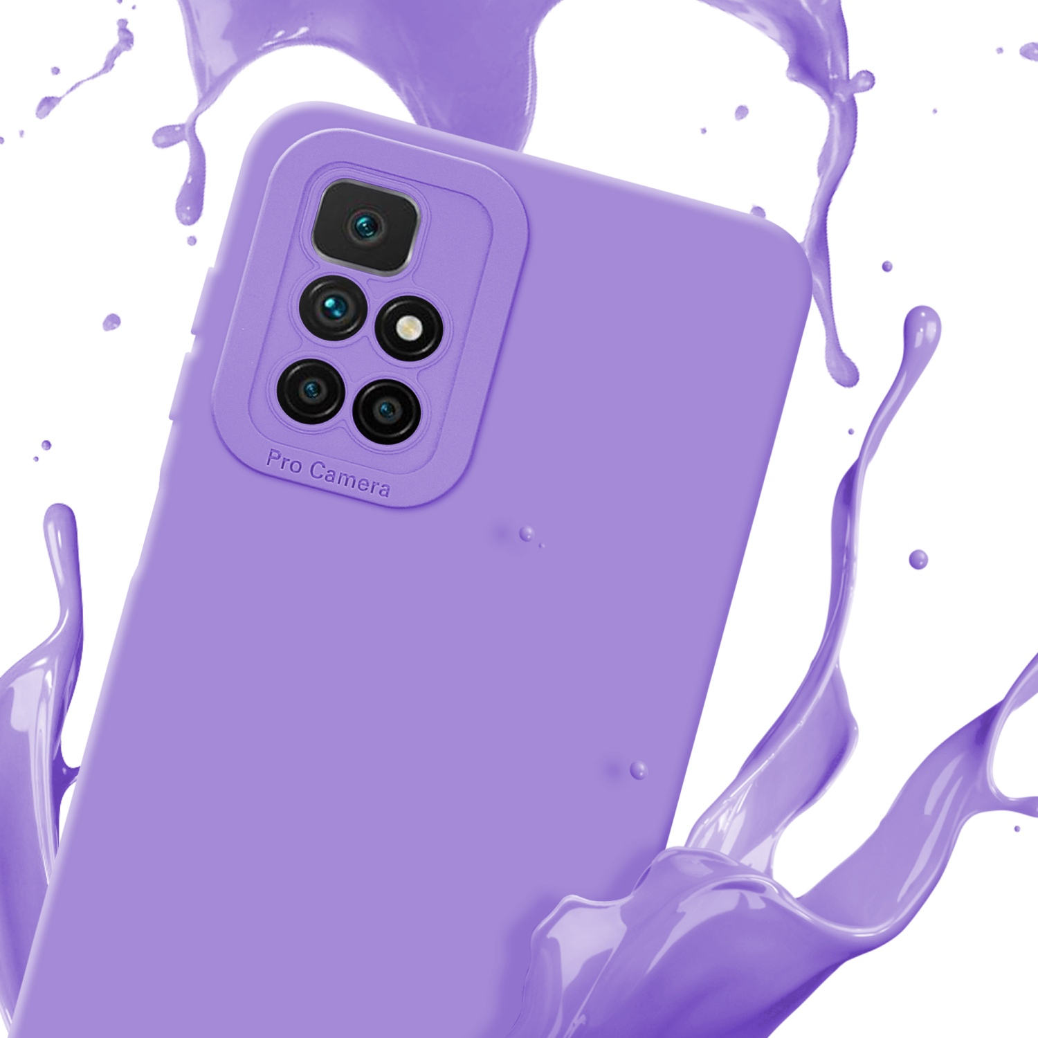Custodia viola con telefono, con schizzo di liquido viola e fotocamera pro.