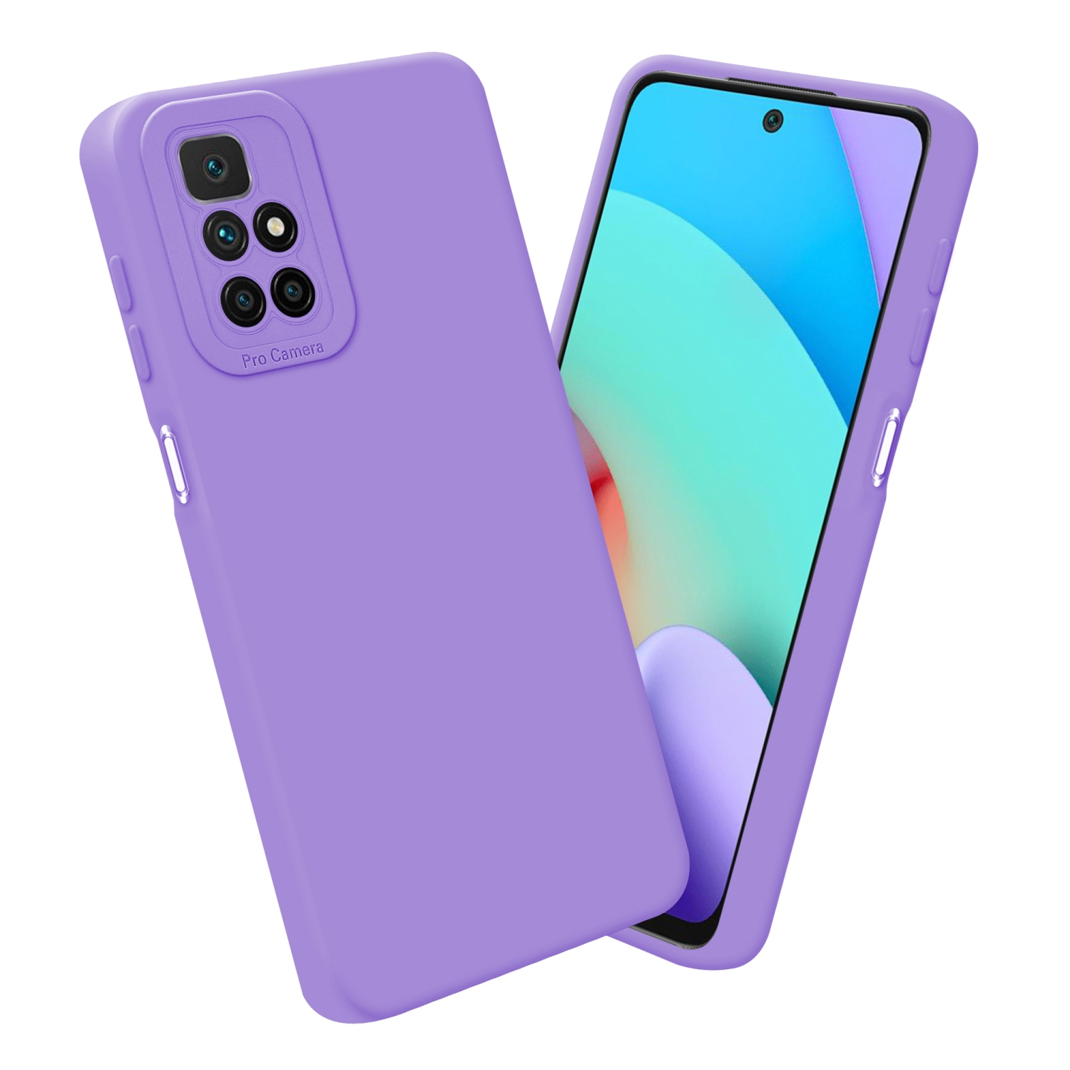Custodia e telefono viola, sfondo bianco.