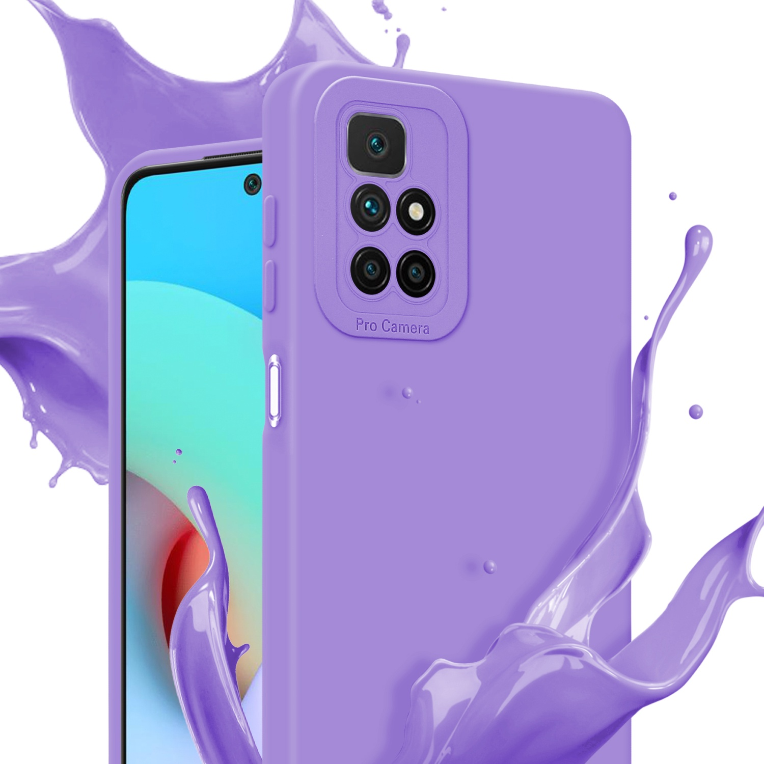 Custodia viola con telefono e schizzo di vernice viola su sfondo bianco.