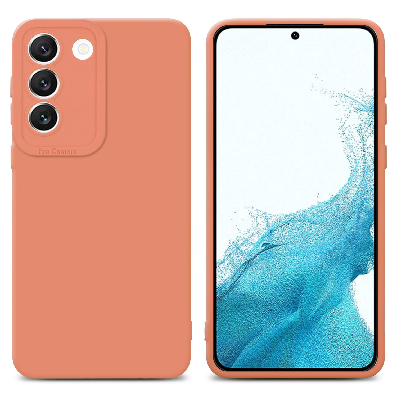 Zwei orangefarbene Handyhüllen, eine mit einem Telefon darin. Die andere zeigt die Kamera.