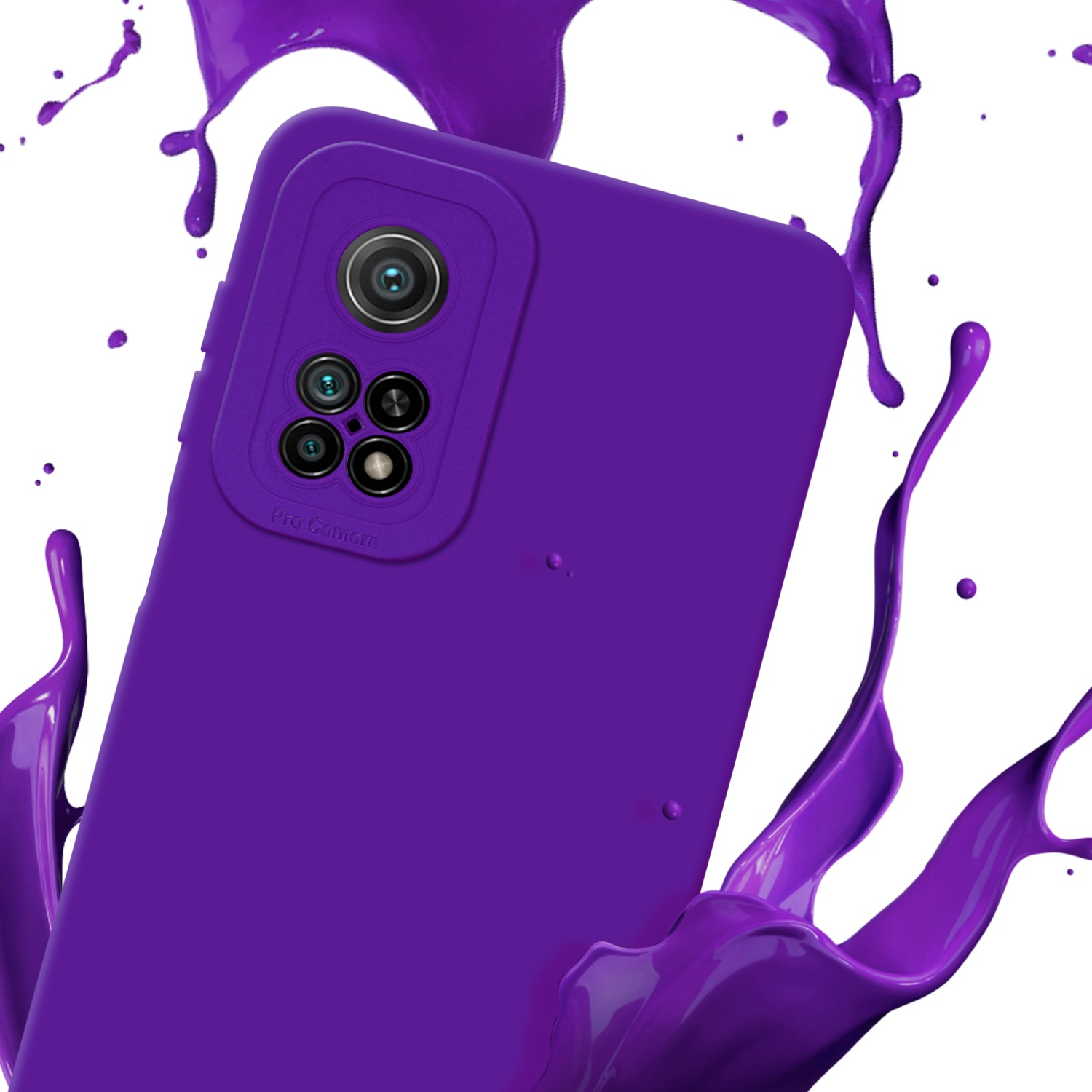 Custodia per telefono viola con lenti della fotocamera, circondata da schizzi di vernice viola su sfondo bianco.
