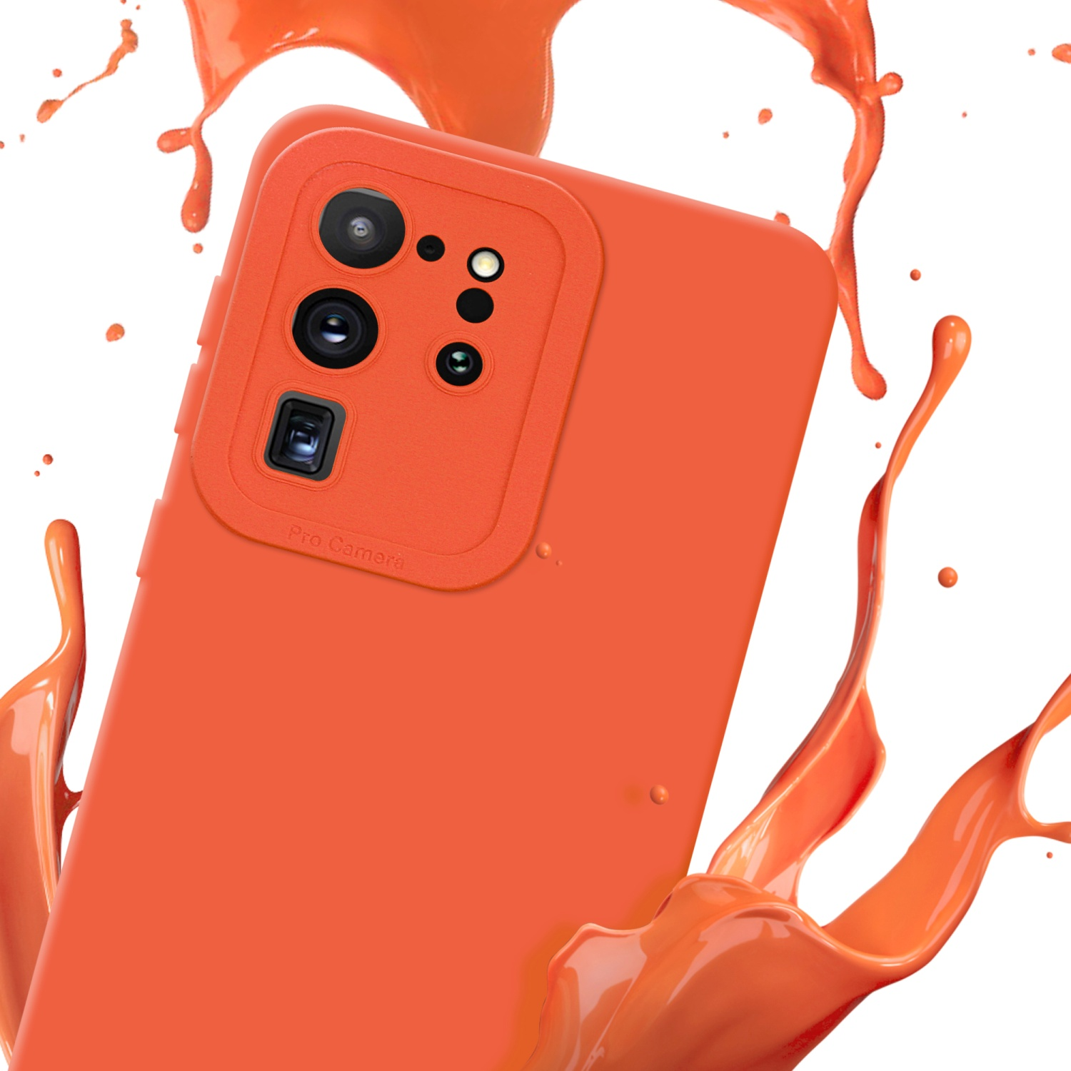Custodia arancione con dettagli della fotocamera. Schizzo di liquido arancione su sfondo bianco.