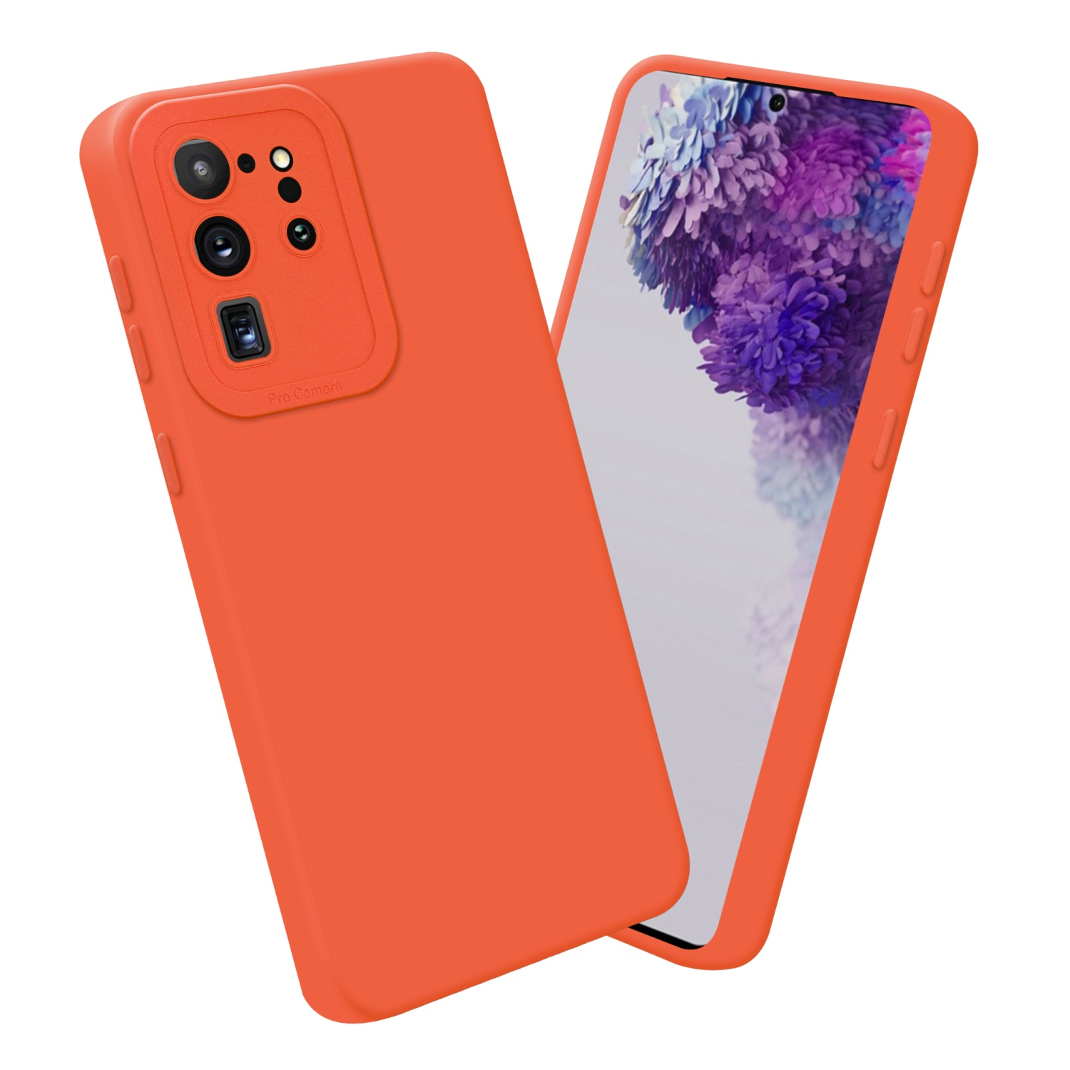 Custodia arancione con un telefono che mostra un'immagine astratta colorata.