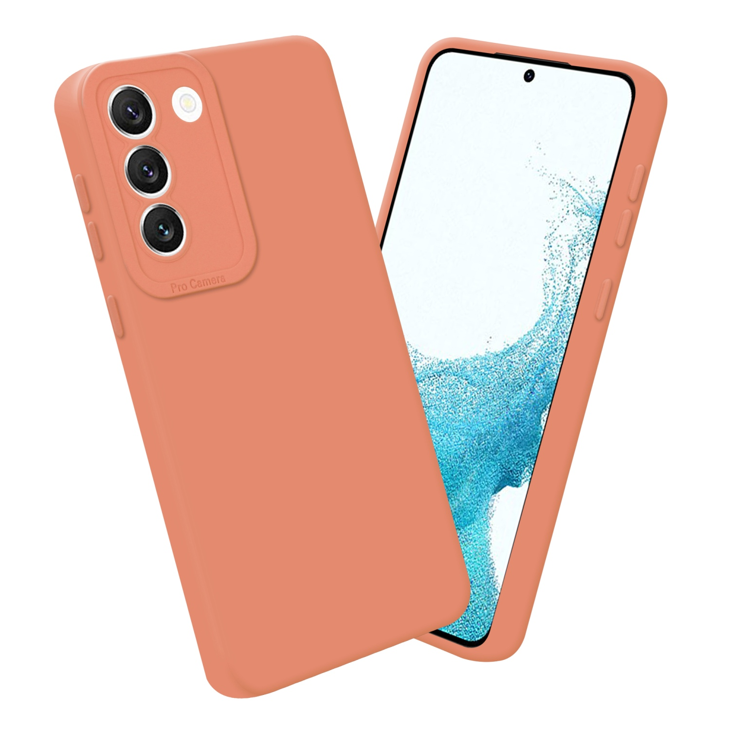 Ein Telefon und eine Hülle sind korallenfarben, wobei das Telefon ein weißes und blaues Bild anzeigt.