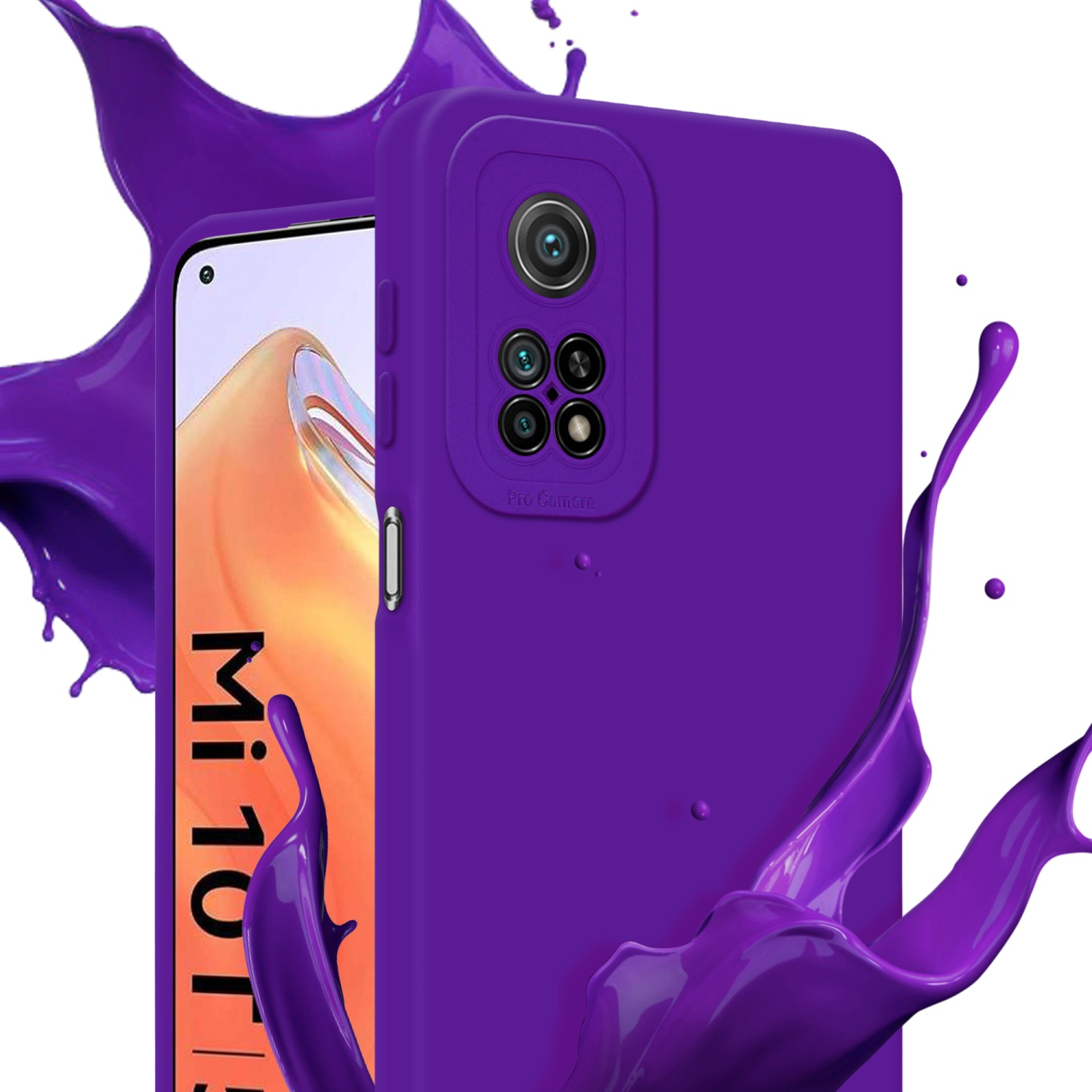 Custodia per telefono viola con telefono. Schizzi di vernice viola. Il telefono ha il logo Mi 10T.