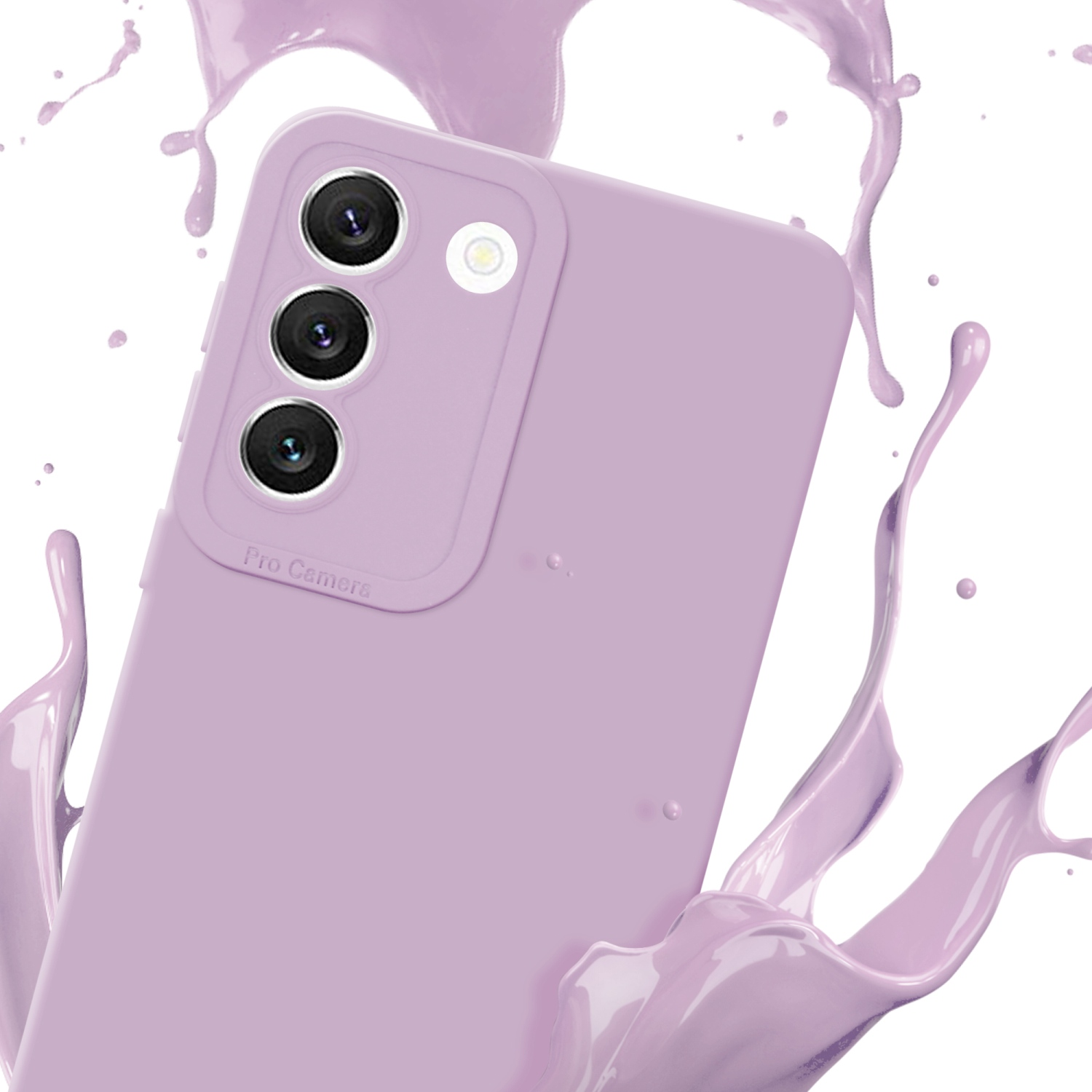Custodia lilla chiaro per telefono con schizzi di liquido viola sullo sfondo.
