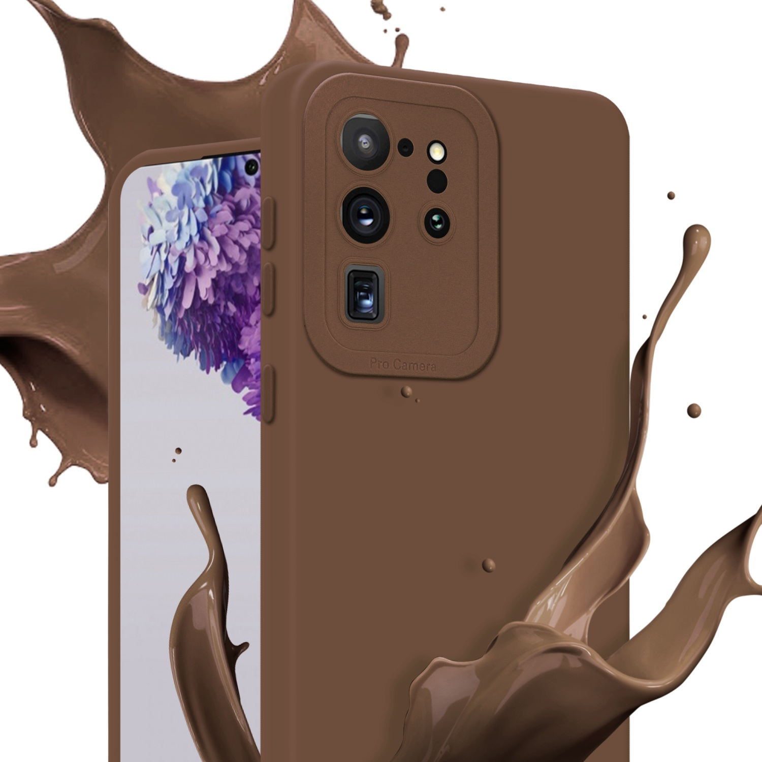 Una custodia marrone con schermo del telefono e arte di spruzzi di liquido.
