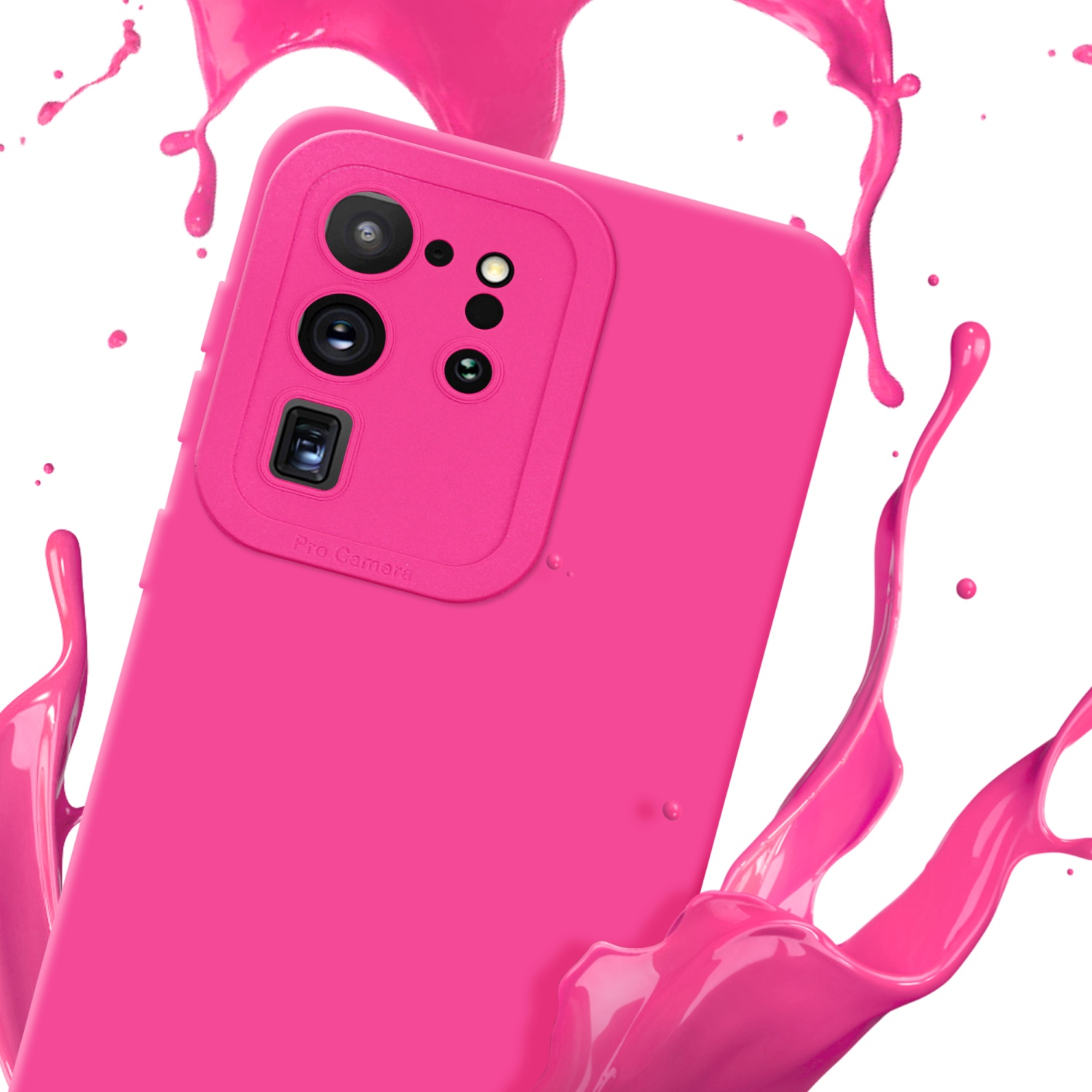 Custodia per telefono rosa con dettaglio fotocamera. Schizzo di vernice viola su sfondo bianco.