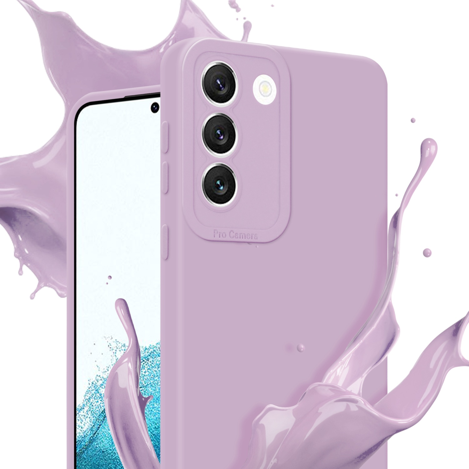 Custodia lavanda con schizzi d'acqua davanti, lo schermo del telefono è visibile.