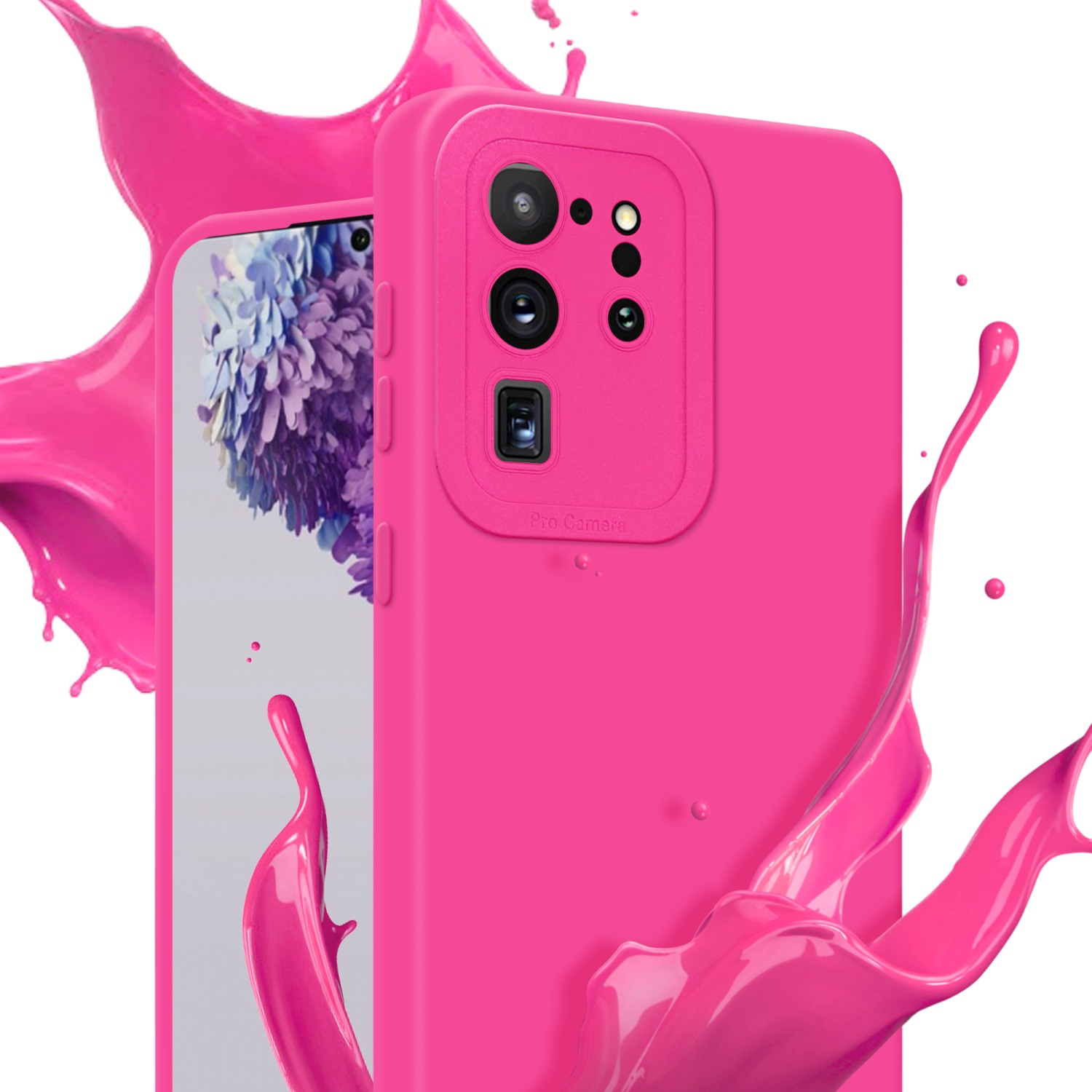 Custodia rosa per telefono con colori astratti. Schizzi di vernice rosa su sfondo bianco.