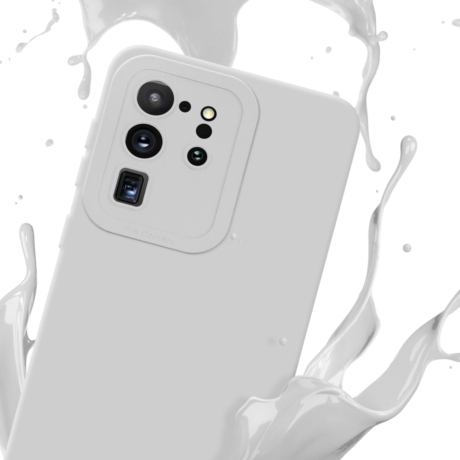 Custodia per telefono bianca con funzioni fotocamera mostrata con schizzo di liquido su sfondo bianco.