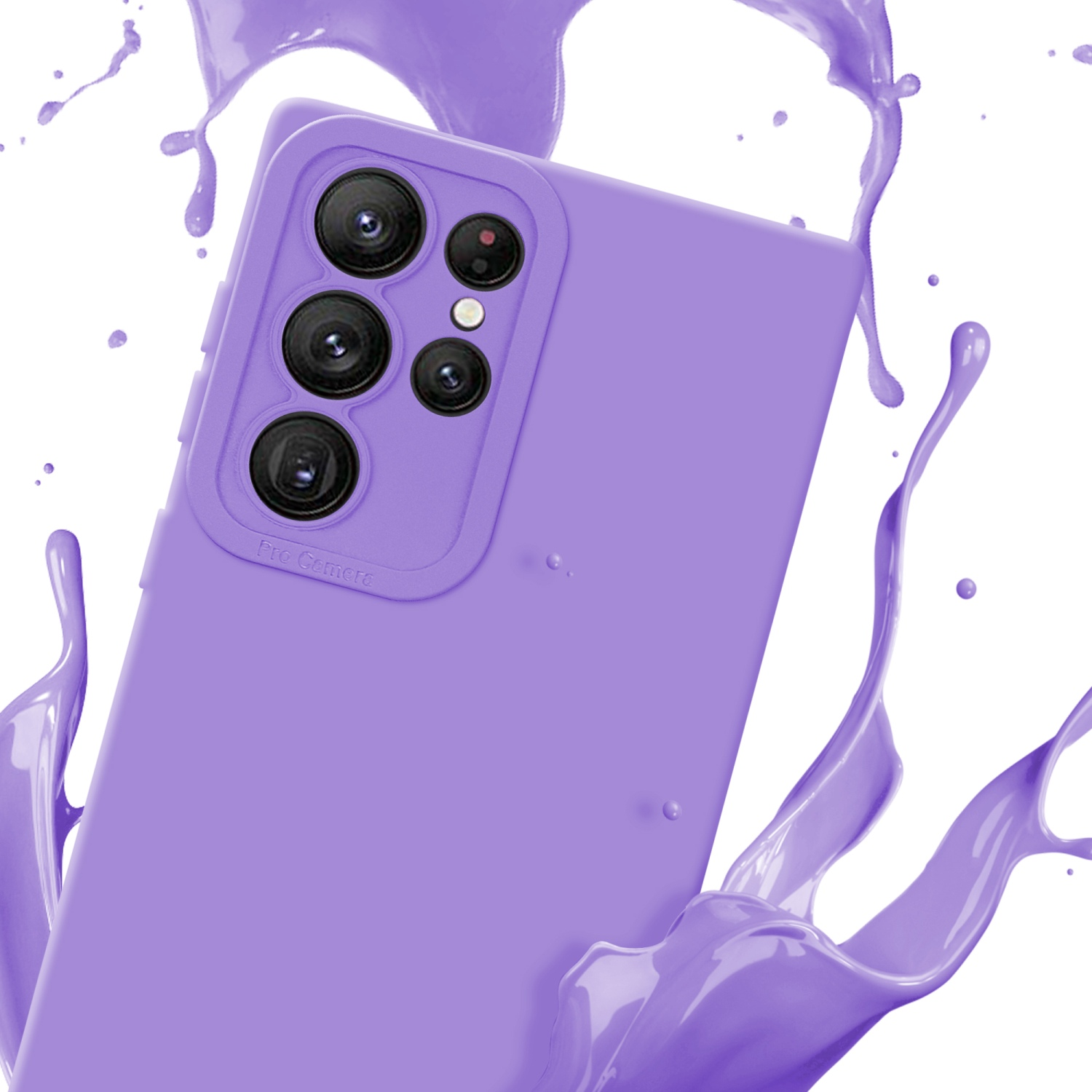 Una custodia viola con un modulo fotocamera, con un effetto splash di liquido viola su sfondo bianco.