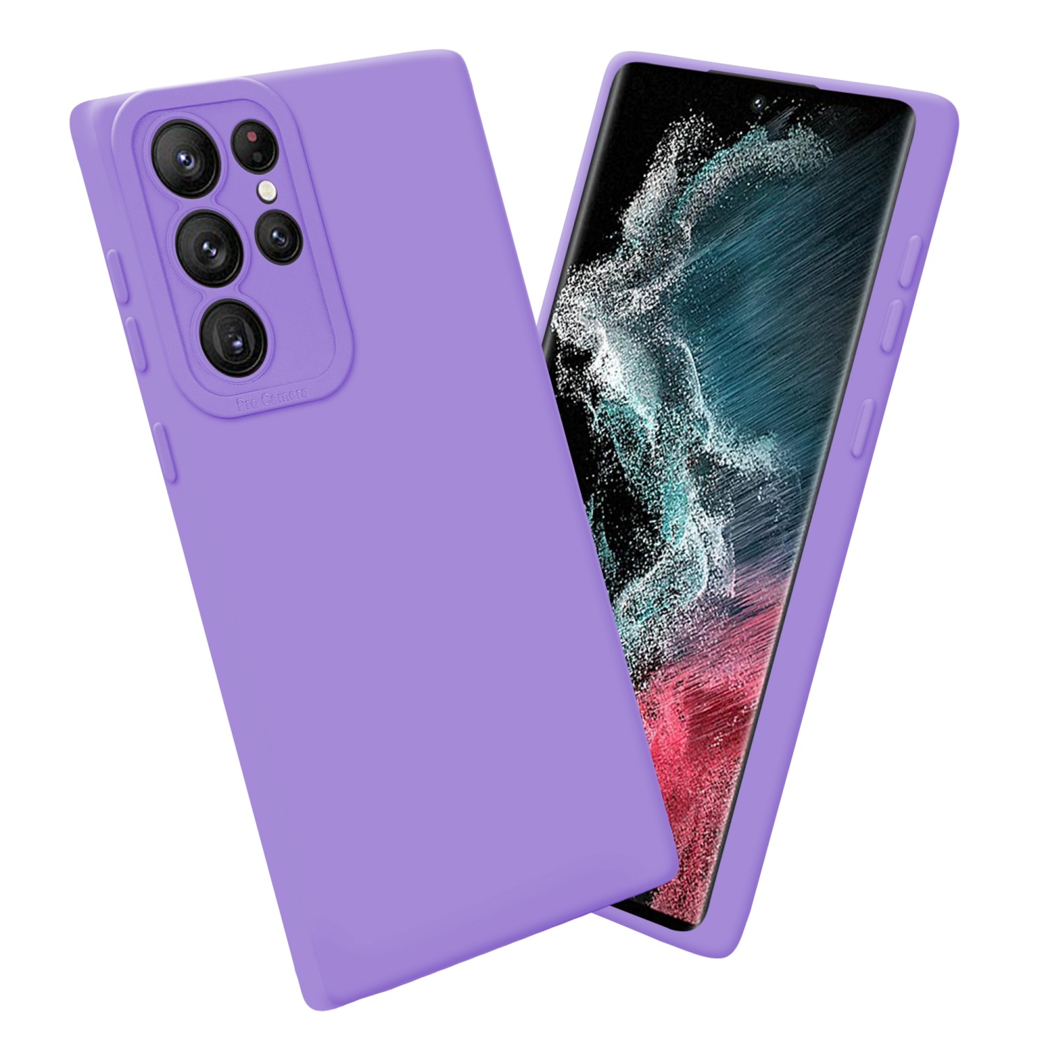 Custodia viola a sinistra e telefono a destra. Sfondo bianco. Schermo visibile.