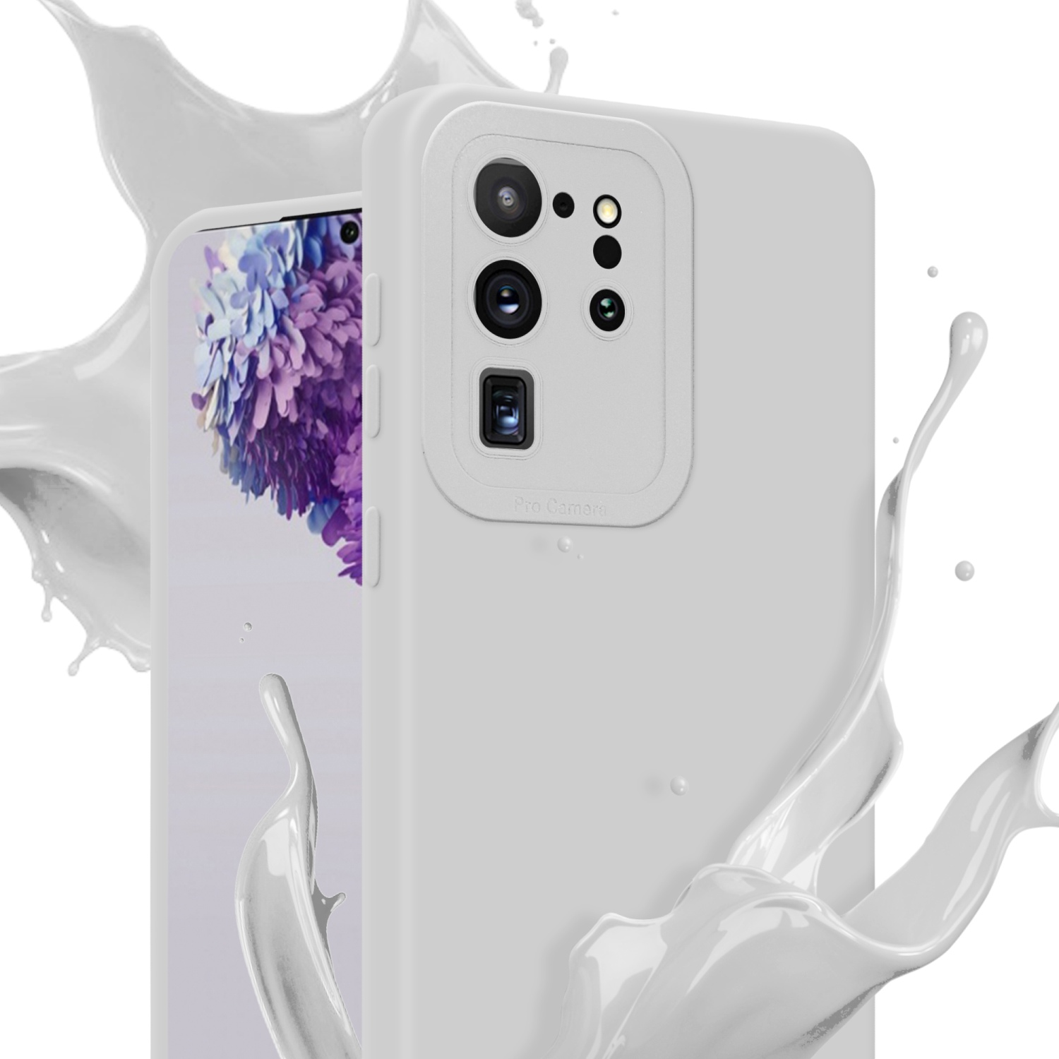 Una custodia bianca con telefono dentro, con schizzi di liquido bianco.