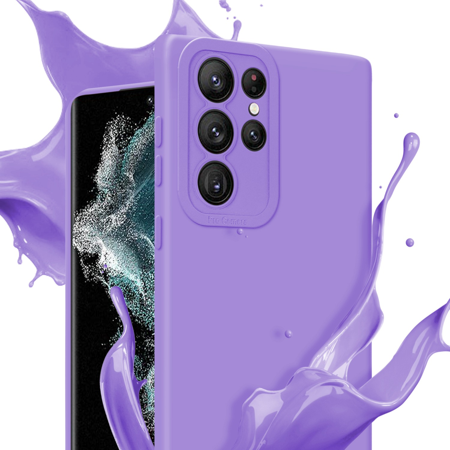 Custodia viola per telefono con effetto splash viola.