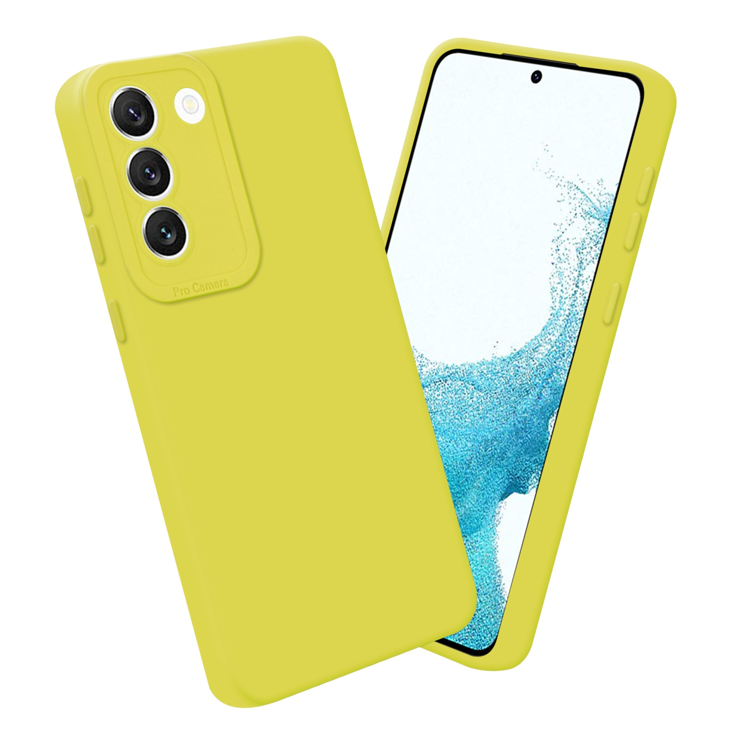 Custodia per telefono gialla con un telefono. La custodia ha tre fotocamere. Sfondo bianco.