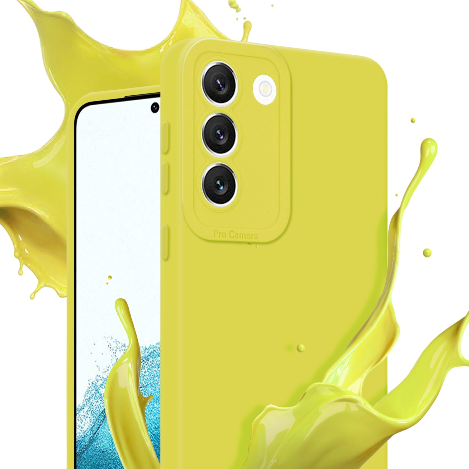 Custodia per telefono gialla con telefono. Il liquido giallo schizza intorno alla custodia. Il telefono ha tre obiettivi.