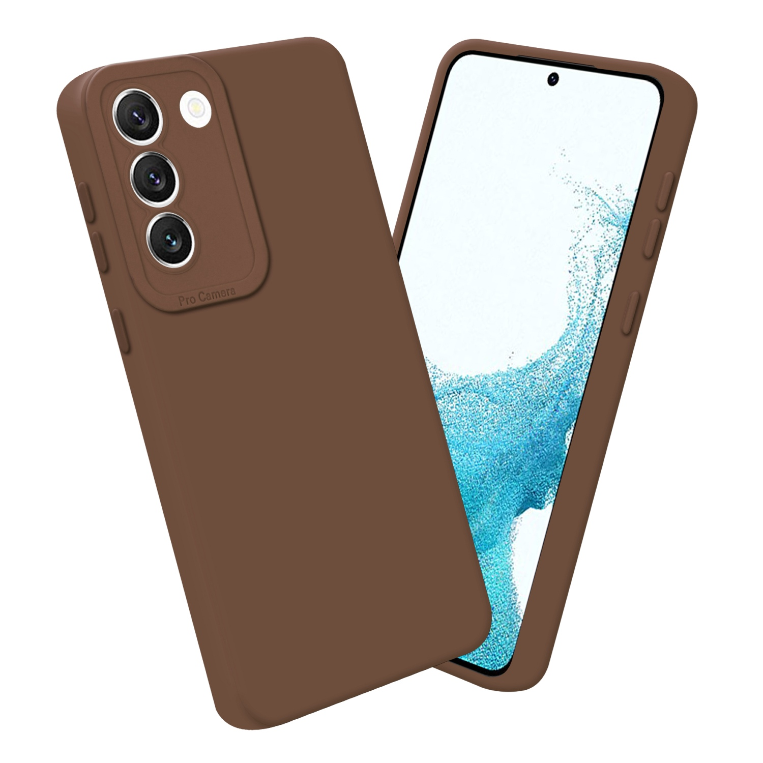 Braune Handyhülle mit drei Kameras und ein Telefon, das einen Bildschirm zeigt.