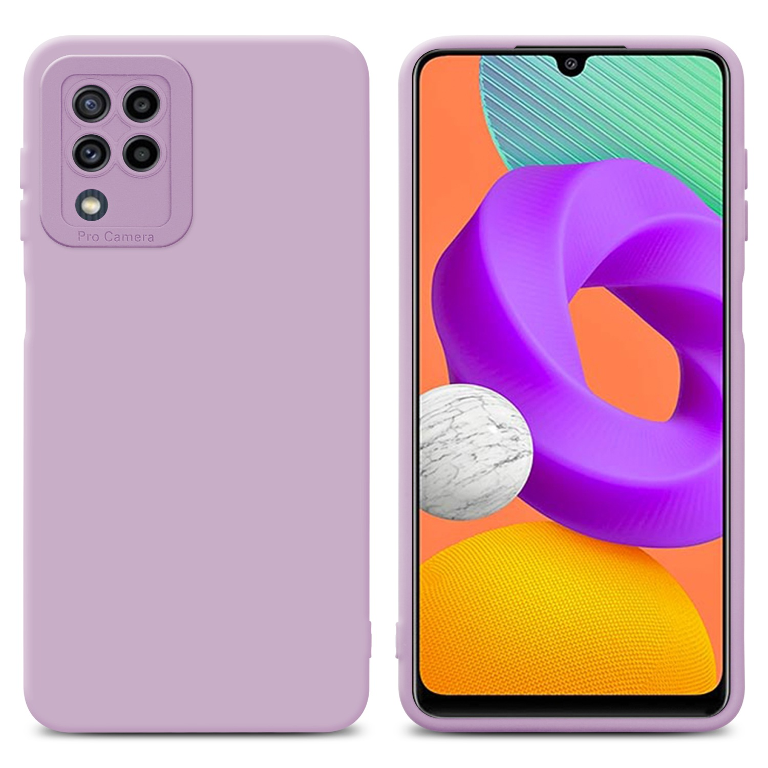 Una custodia per telefono lilla chiaro con due telefoni, uno con un design viola e l'altro il retro.