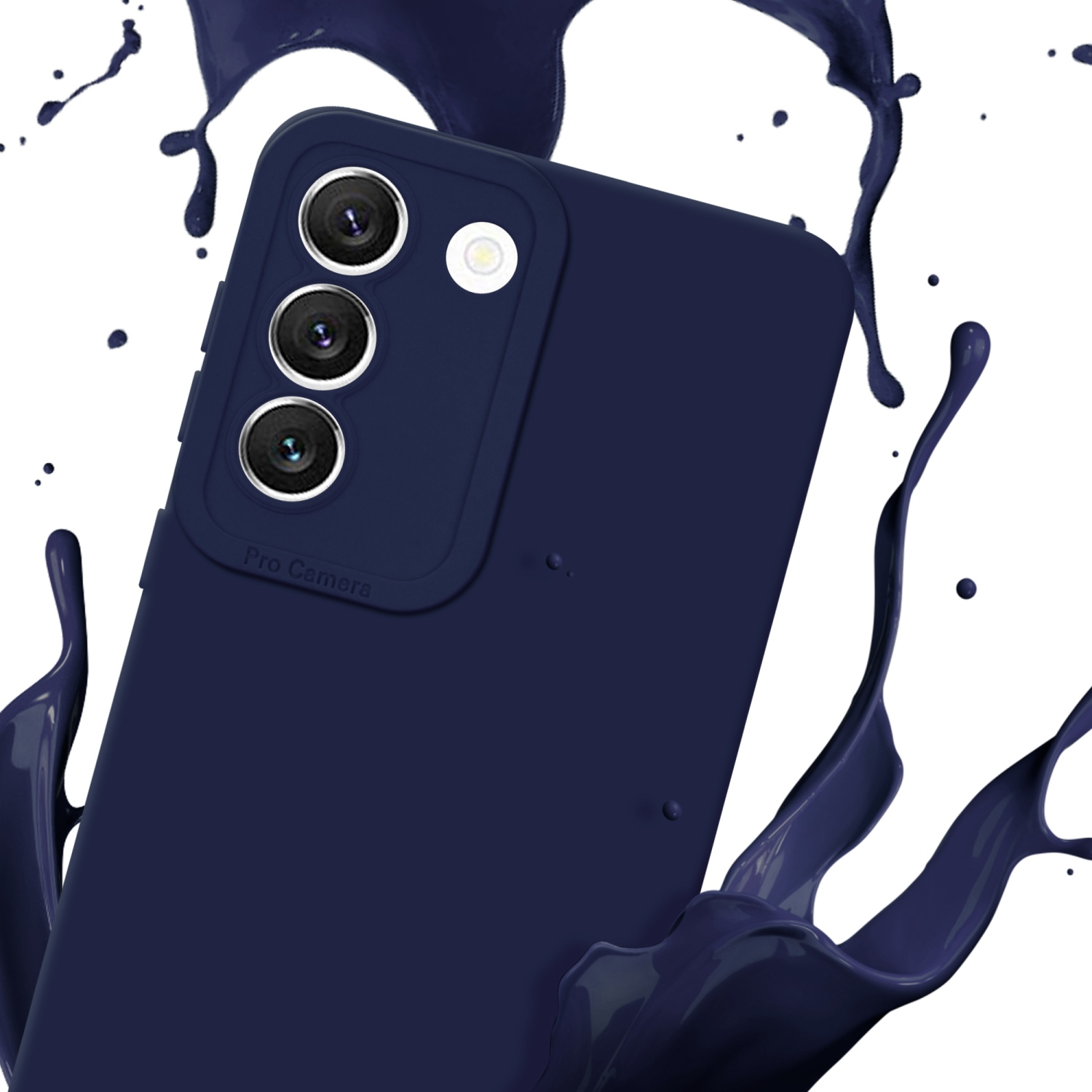 Coque de téléphone bleu marine avec objectifs, éclaboussures de peinture en arrière-plan.