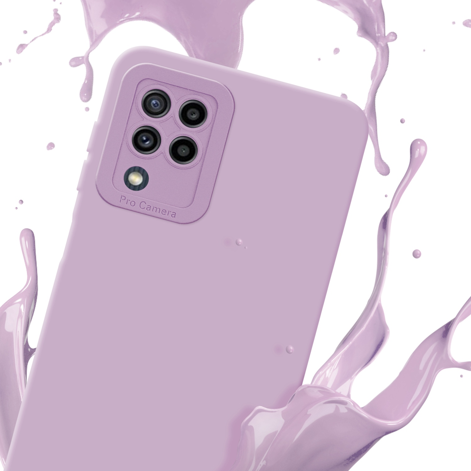 Una custodia per telefono lilla chiaro con uno schizzo di vernice lilla chiaro.