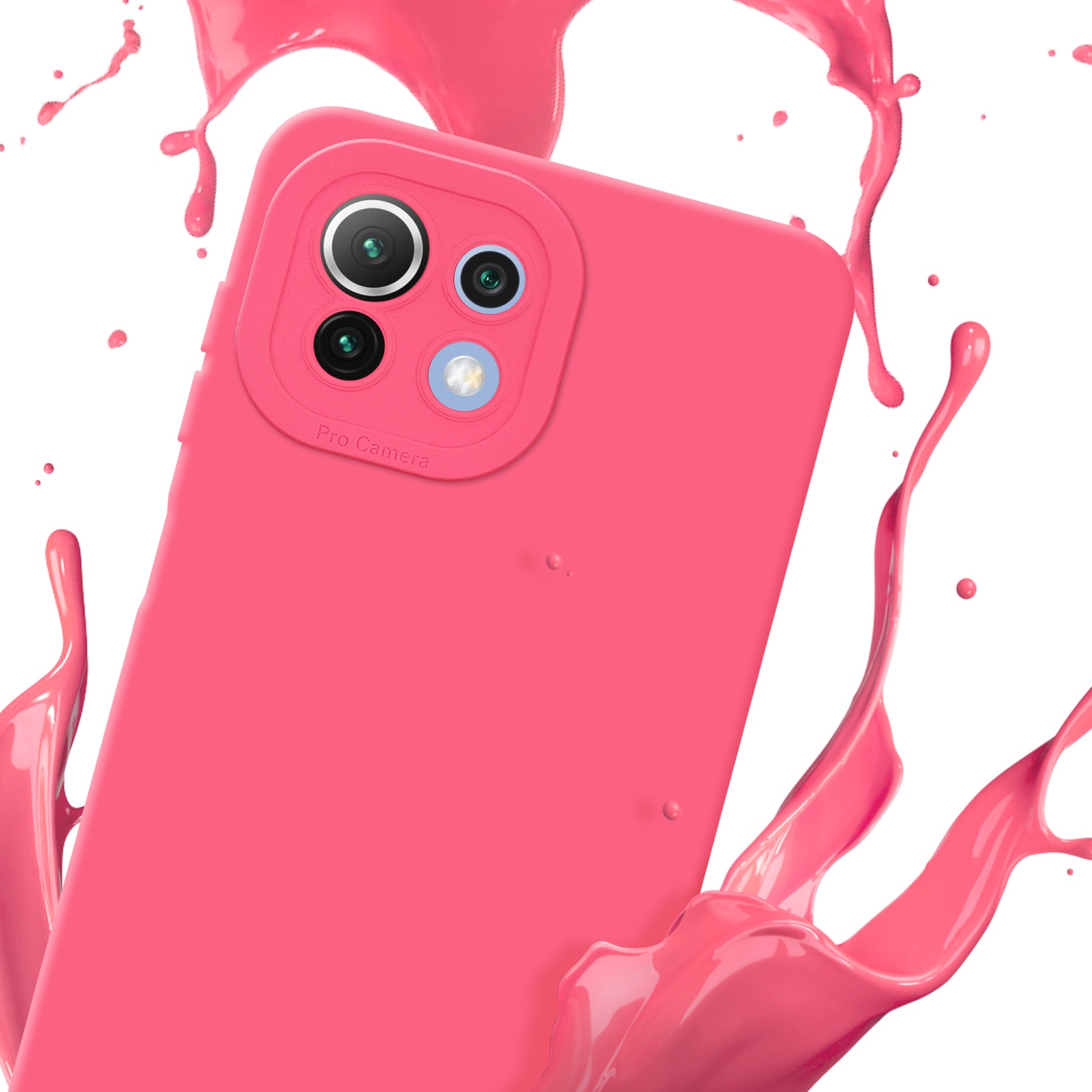Coque de téléphone rose avec découpe caméra et éclaboussures de peinture rose sur fond blanc.