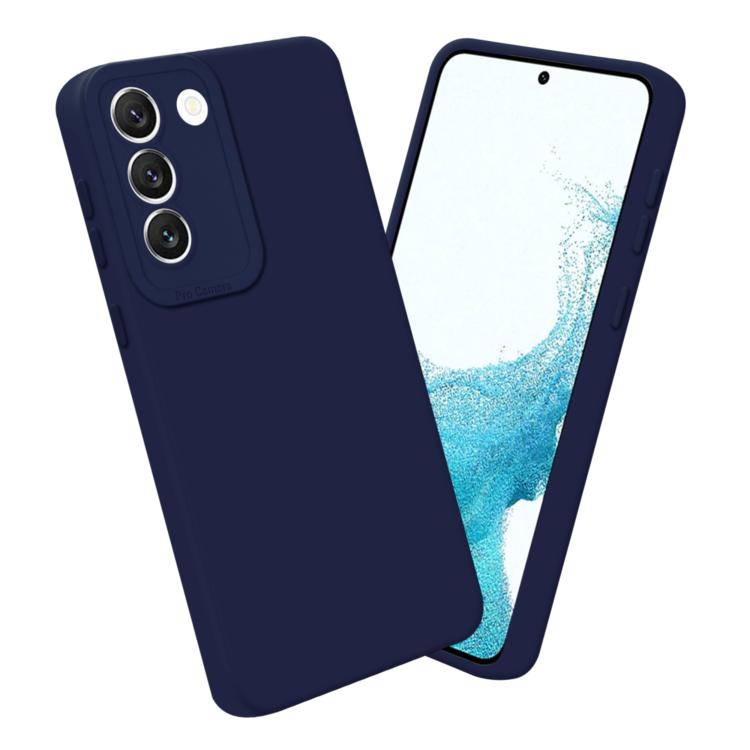 Due custodie blu scuro, una con un telefono che mostra un display.