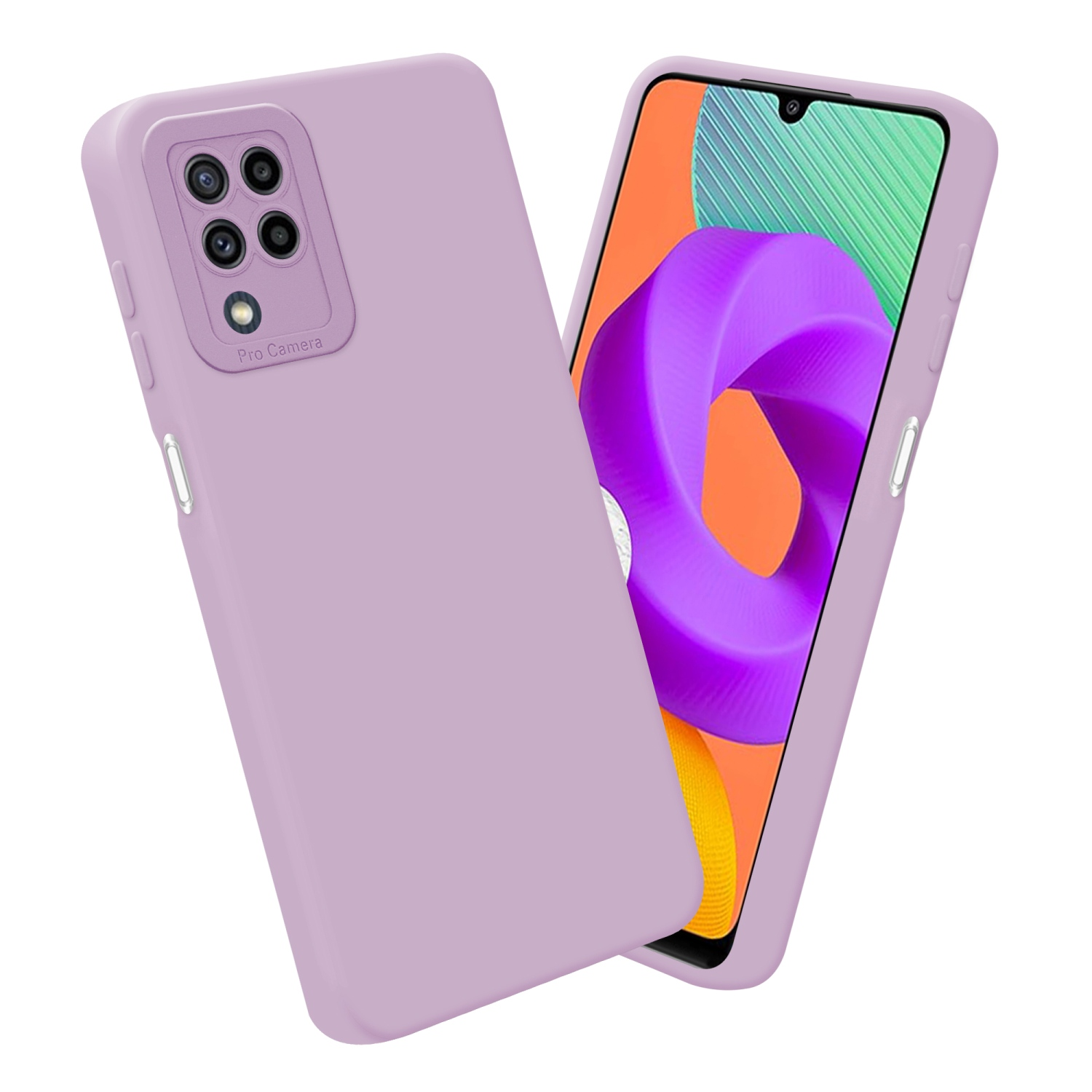 Due telefoni in custodie lavanda. Uno mostra un design a onde viola sullo schermo.