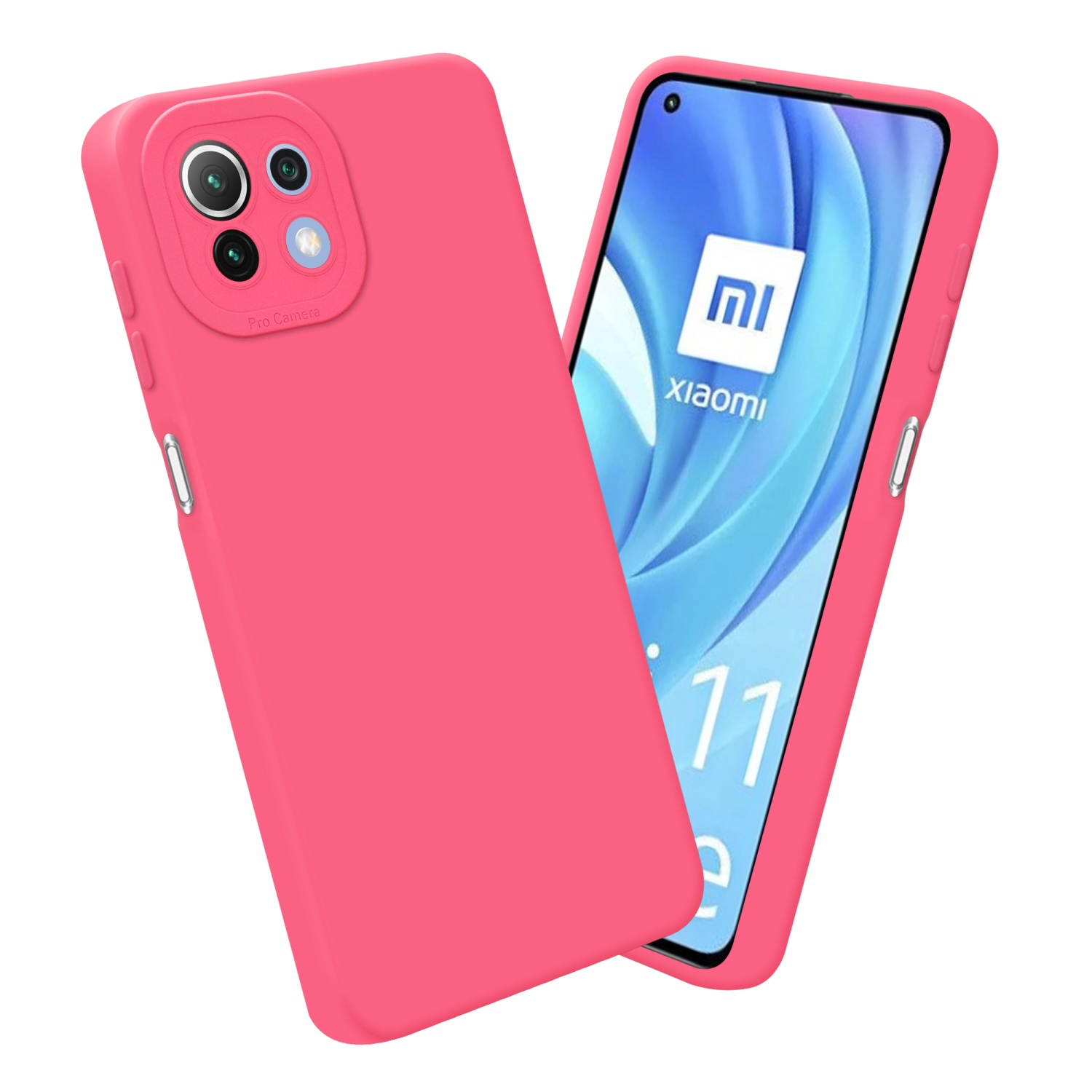 Deux coques de téléphone roses, une sur le téléphone et une à côté.