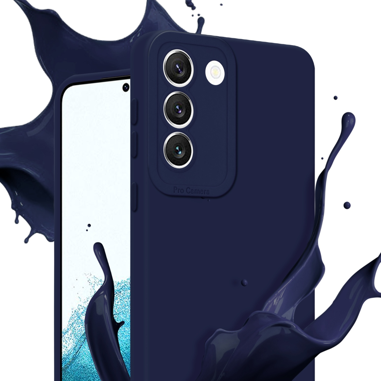 Une coque de téléphone bleu marine avec une bosse de caméra pro. Éclaboussures de liquide bleu marine autour.
