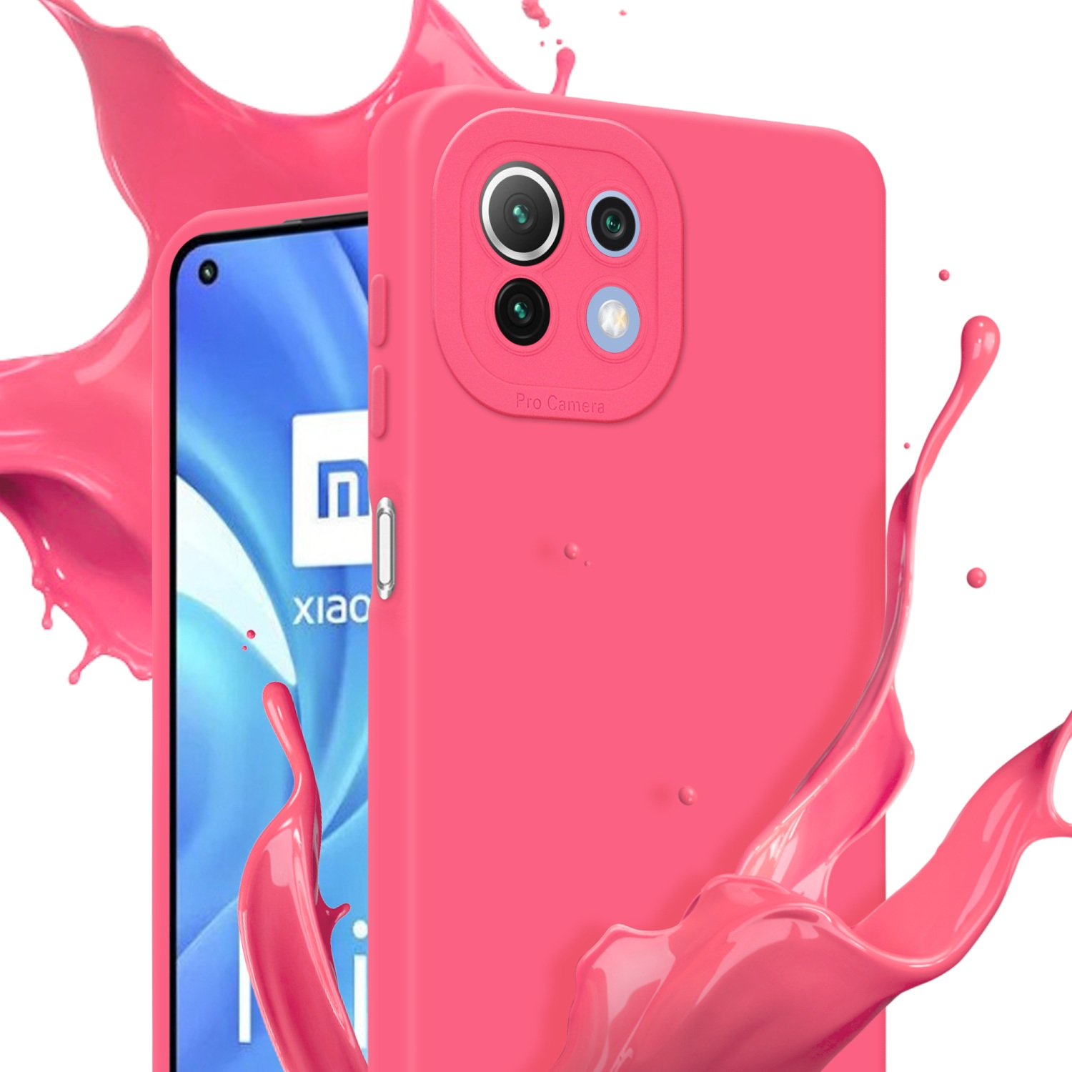 Coque de téléphone rose avec éclaboussure de liquide rose. Pro Camera à l'arrière. Fond blanc.