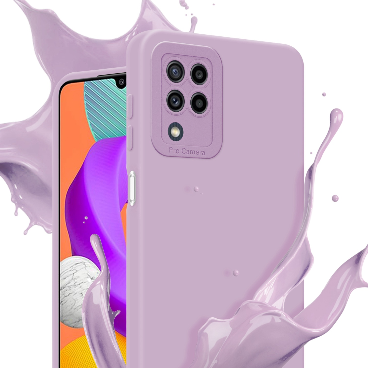 Custodia per telefono lilla chiaro con dosso per fotocamera e schizzo di liquido viola. Schermo del telefono visibile.