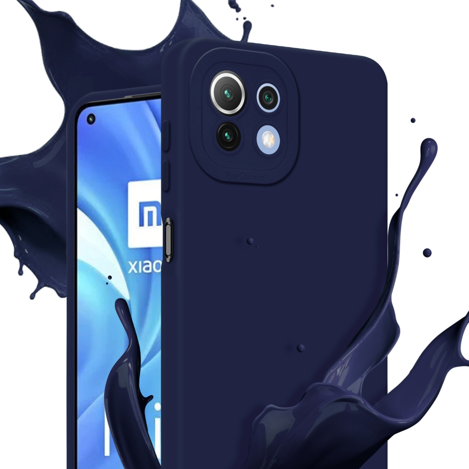 Telefono in una custodia blu navy con effetto splash blu navy. Il telefono è nella custodia.