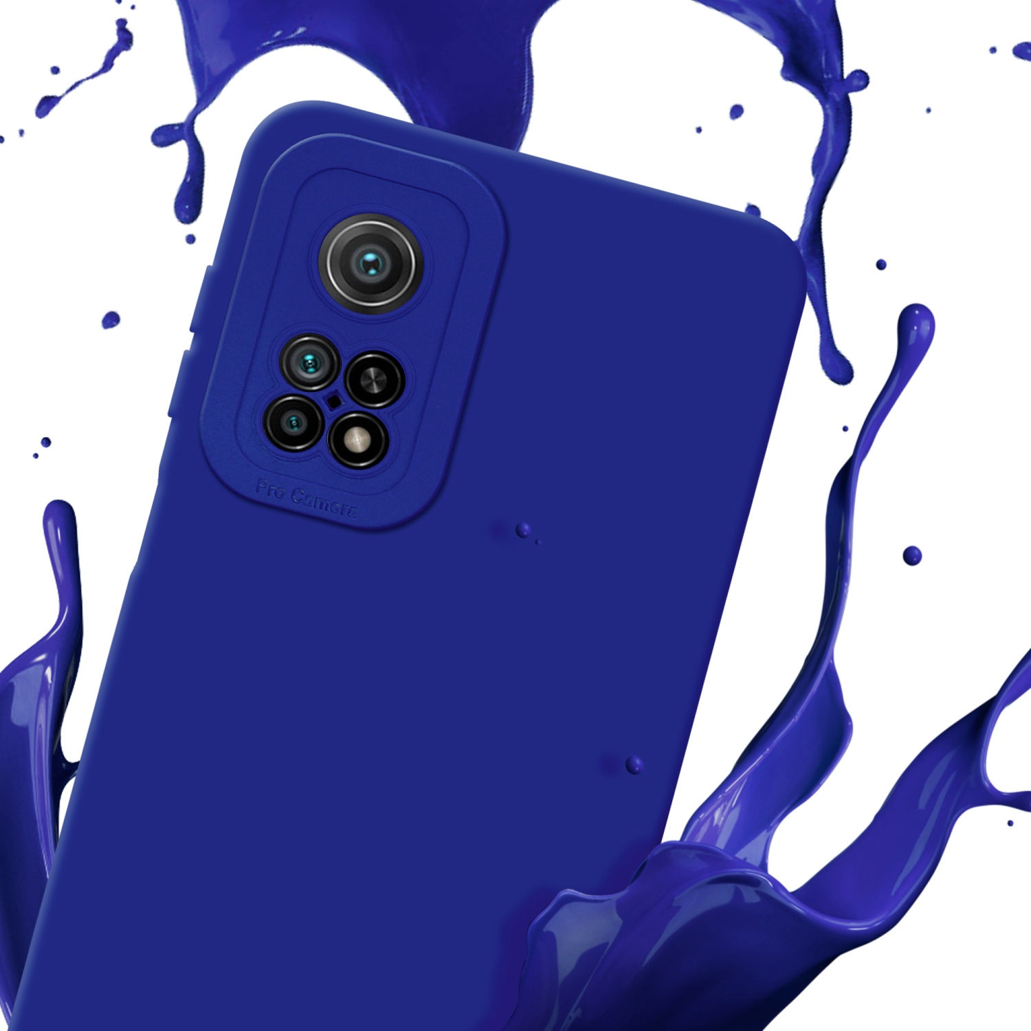 Une coque de téléphone bleue avec une bosse de caméra et des éclaboussures de peinture bleue sur fond blanc.